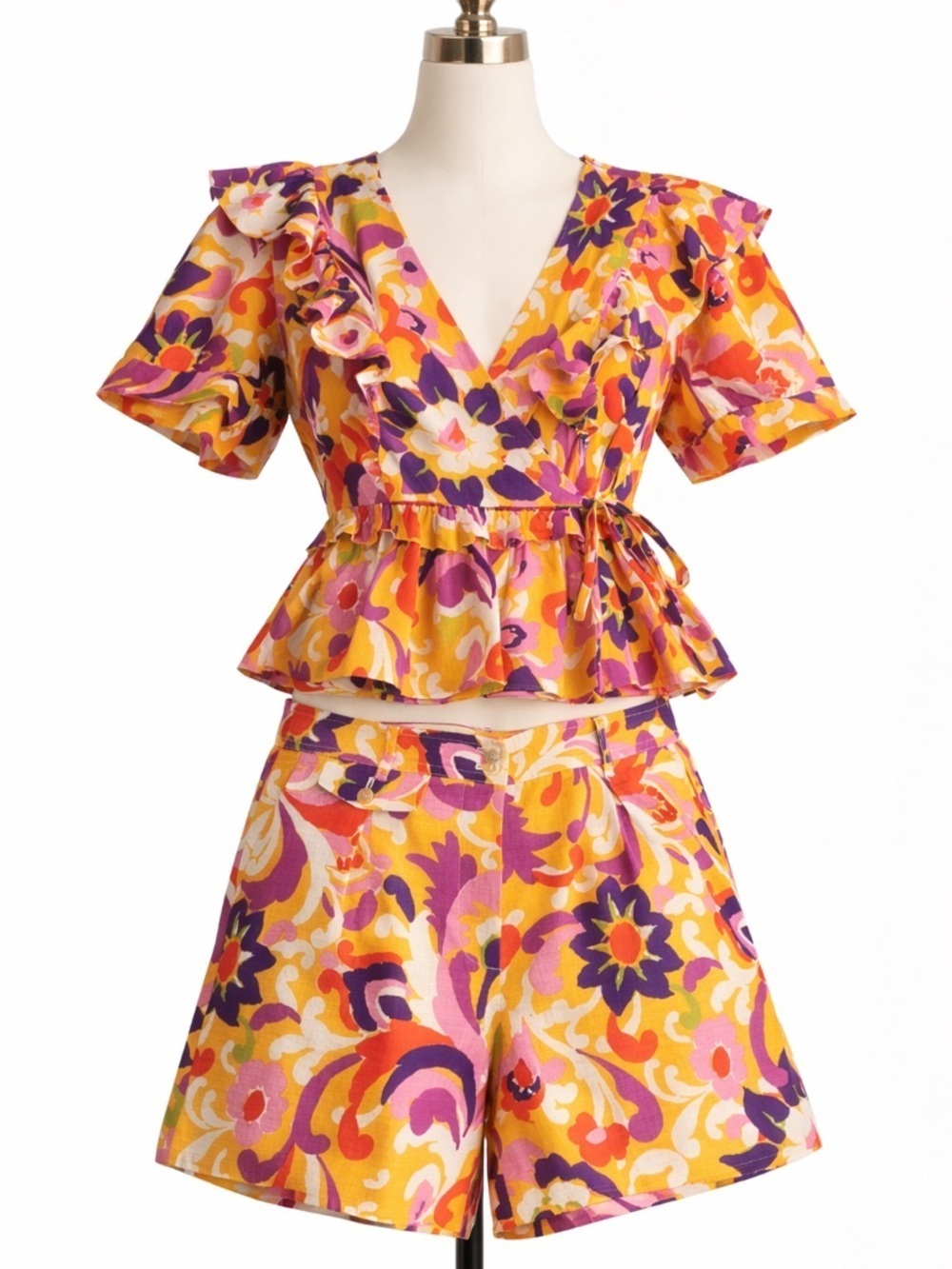 J.Crew Women’s Floral,Ruffle,Wrap,Cotton Top. Size- Large & Short Pants. Size-12